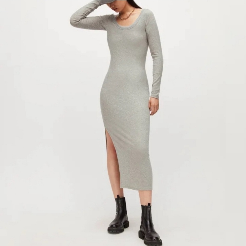 NEW All Saints Rina Long Sleeve Gray Ribbed Maxi Dress Size 8